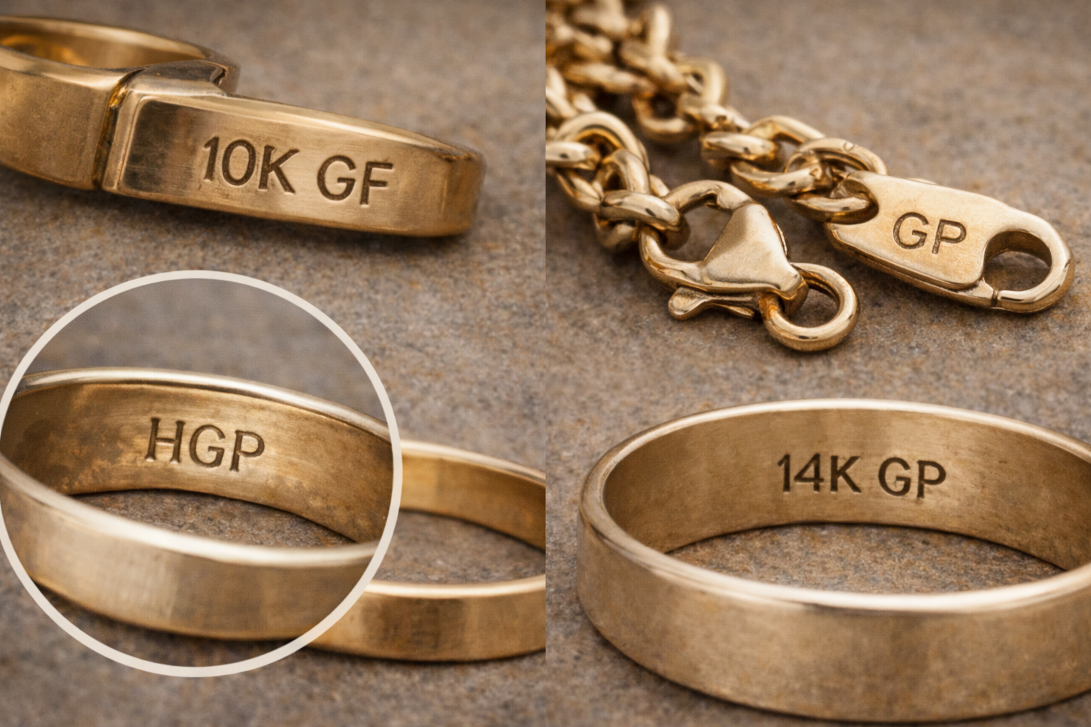 Jewelry stamps like GP, GF, and HGP