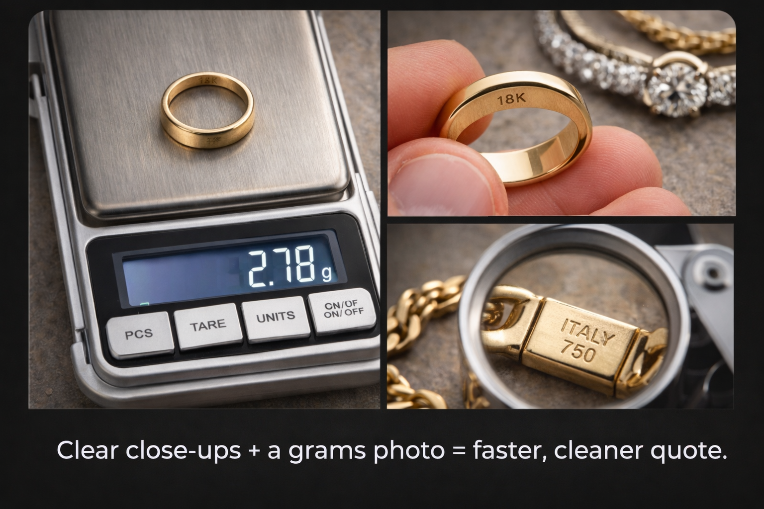 Example of taking clear photos of jewelry hallmarks and weight in grams