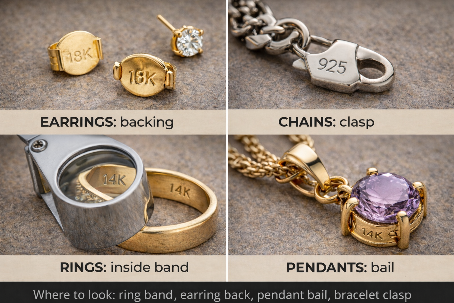 Examples showing where to find hallmarks on common jewelry